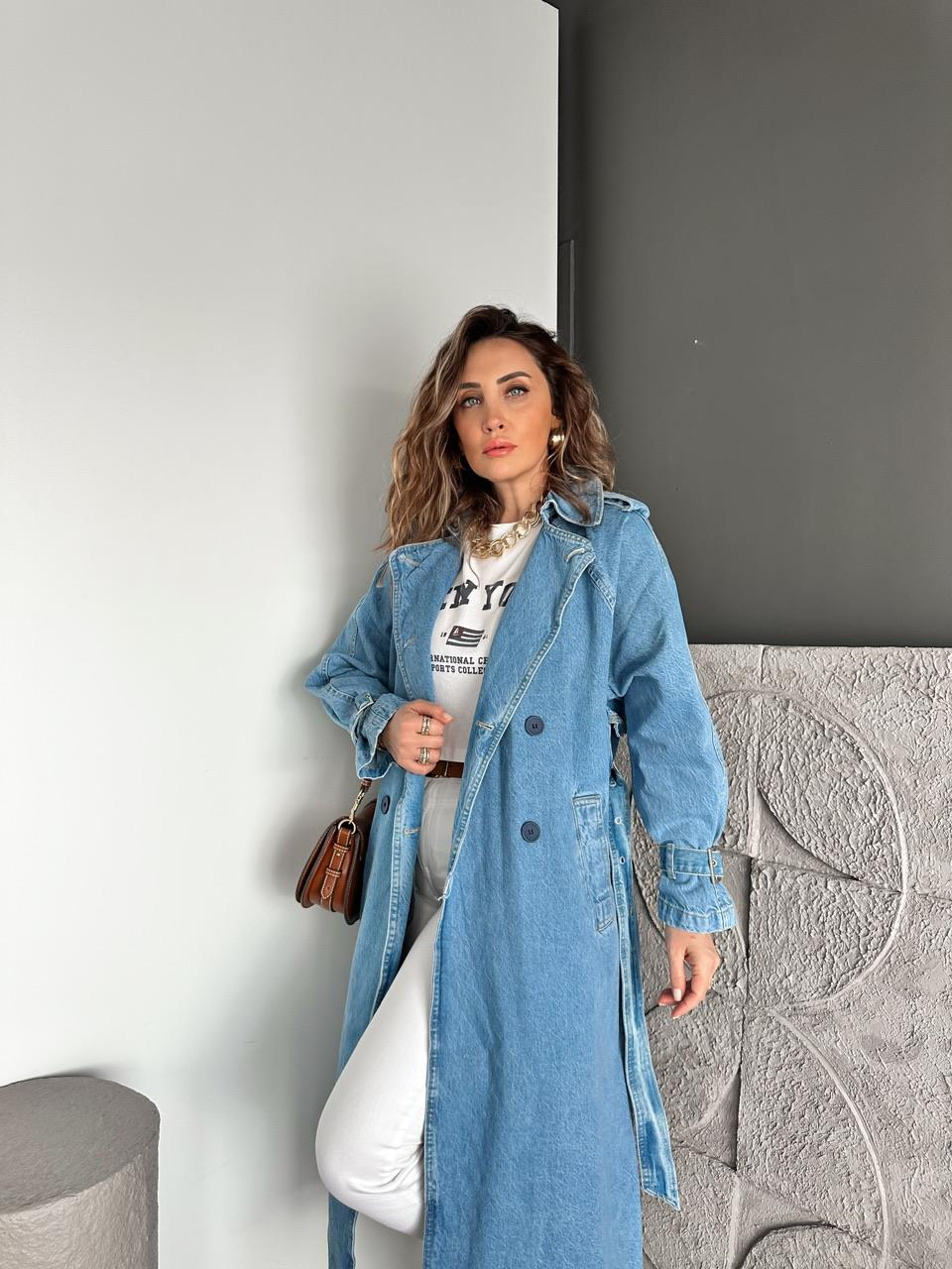 Mavi Manşetli Kemerli Orijinal Trençkot