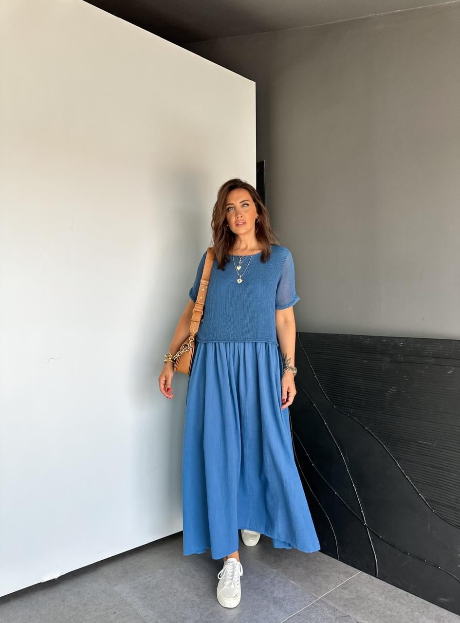 Mavi Merserize Bluzlu Müslin Elbise