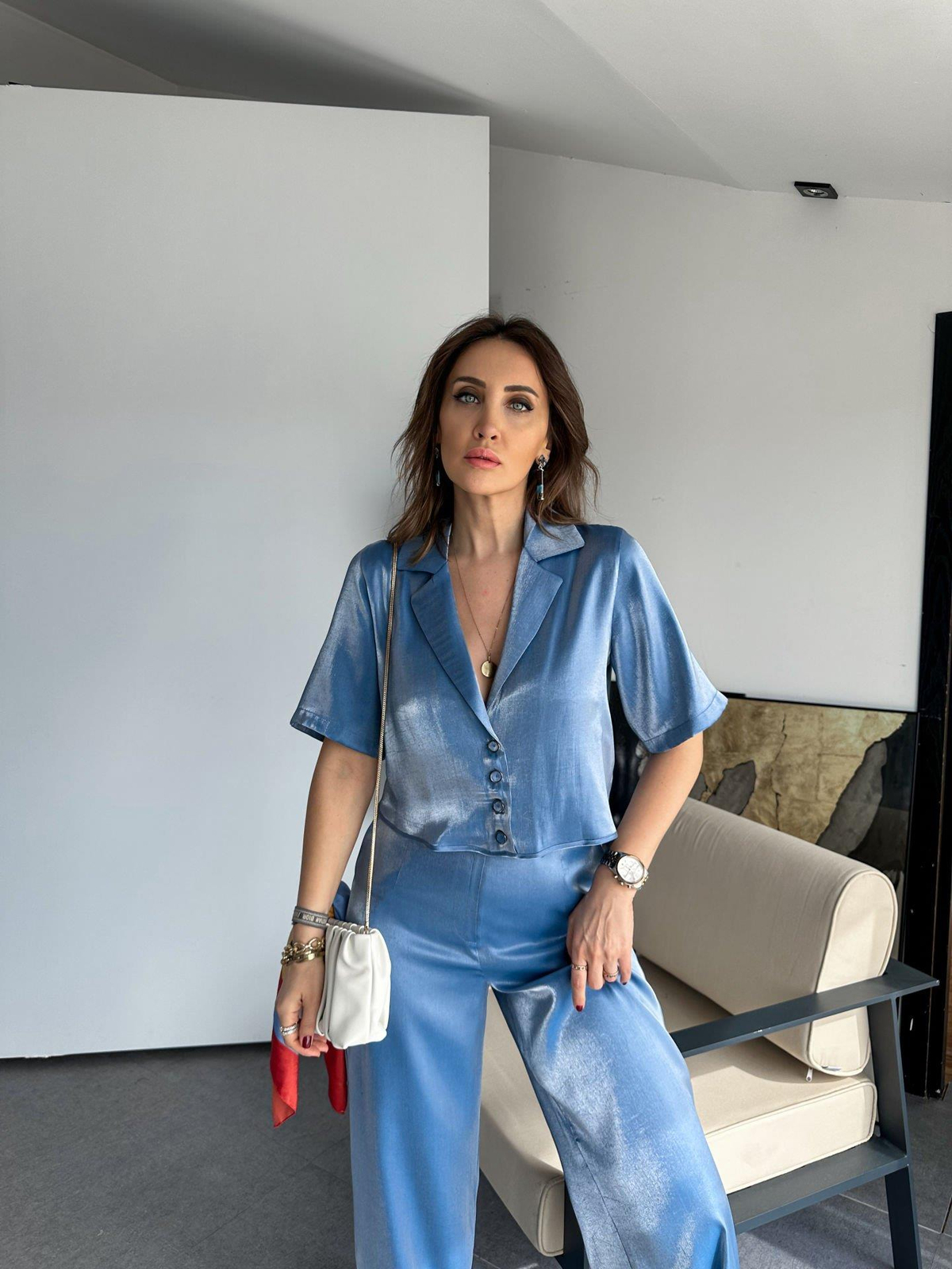 Mavi Parlak Saten Takım