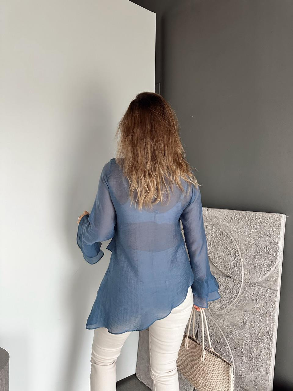 Mavi Volanlı Asimetrik Bluz