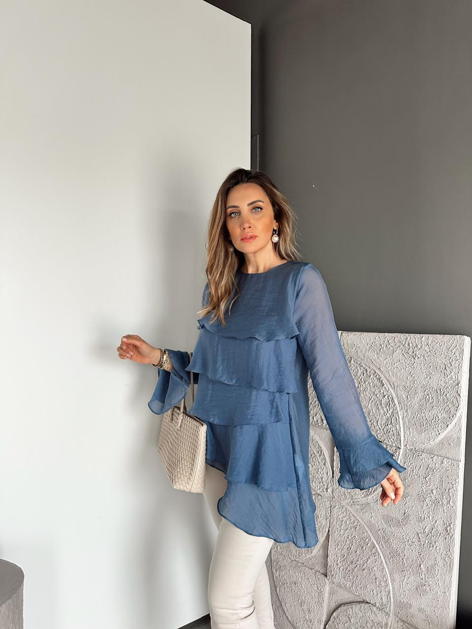 Mavi Volanlı Asimetrik Bluz