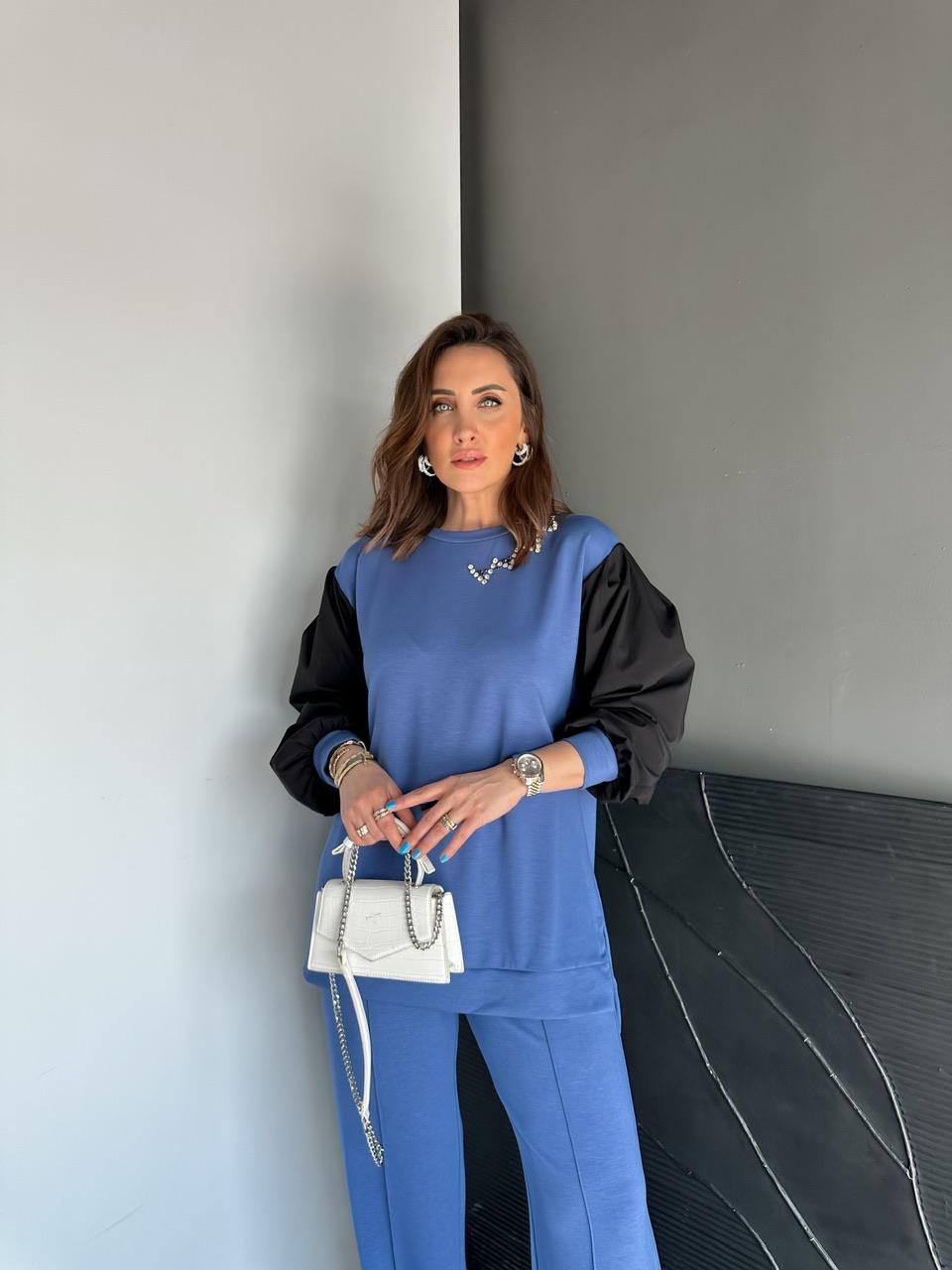 Mavi Yakası Taşlı Premium Modal Takım