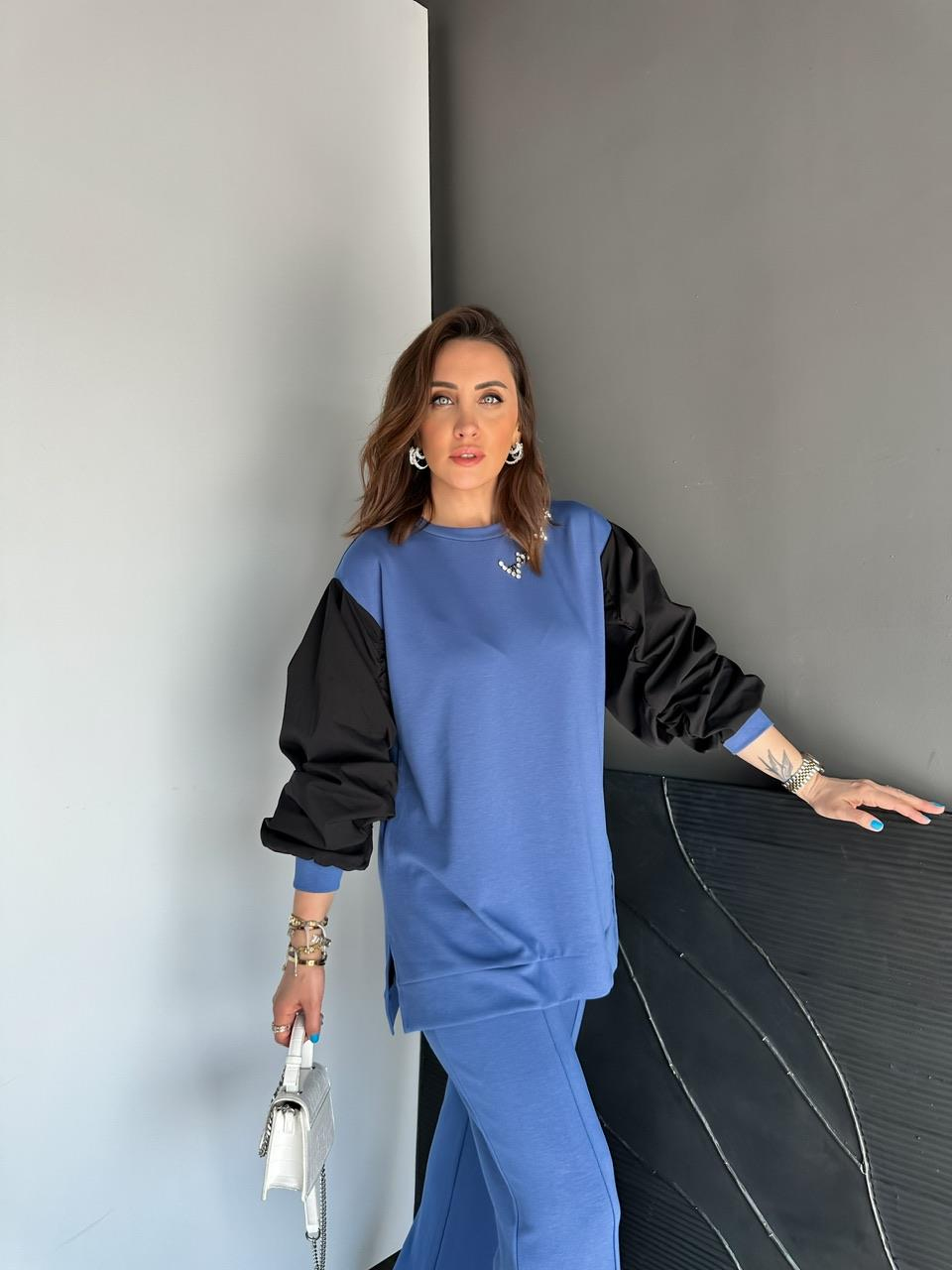 Mavi Yakası Taşlı Premium Modal Takım