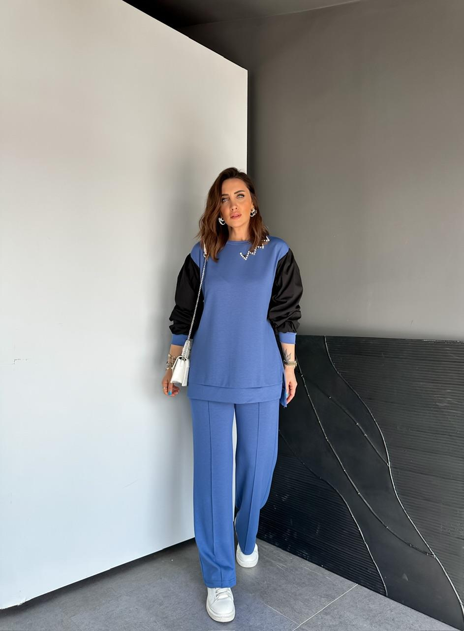 Mavi Yakası Taşlı Premium Modal Takım