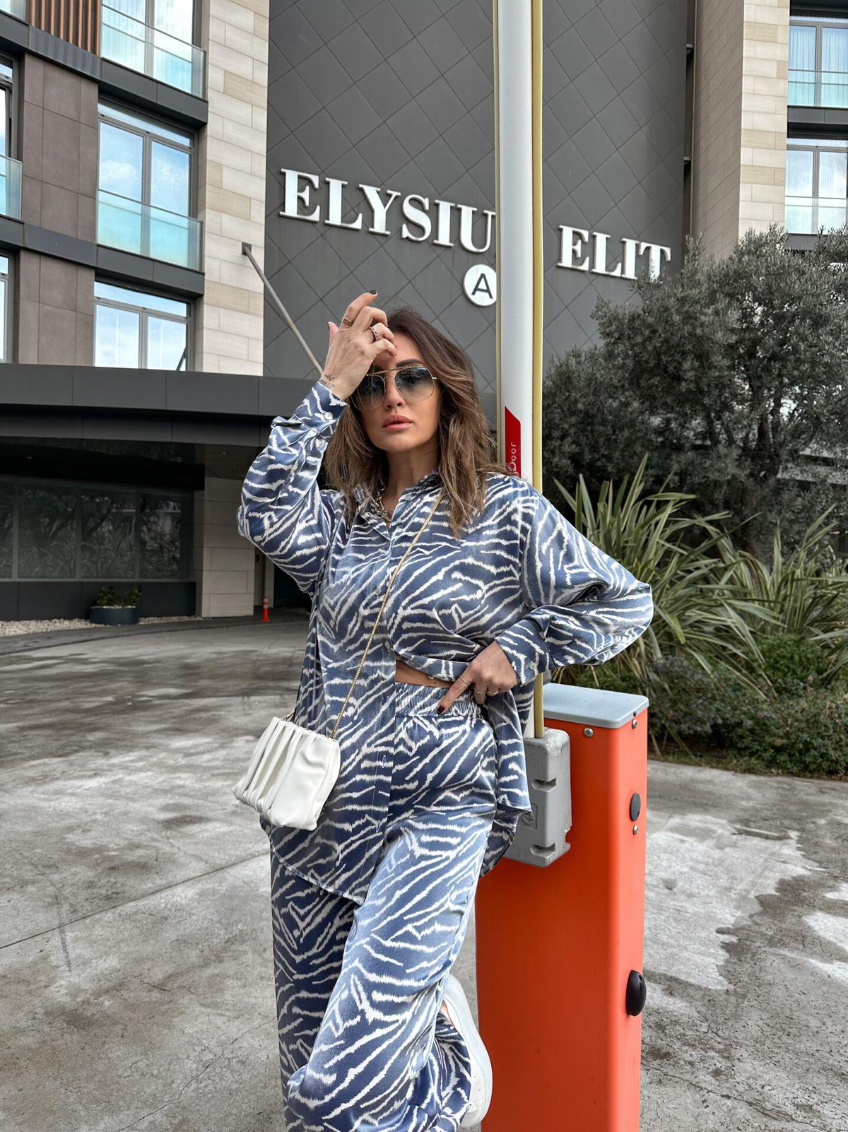 Mavi Zebra Desenli Saten Takım