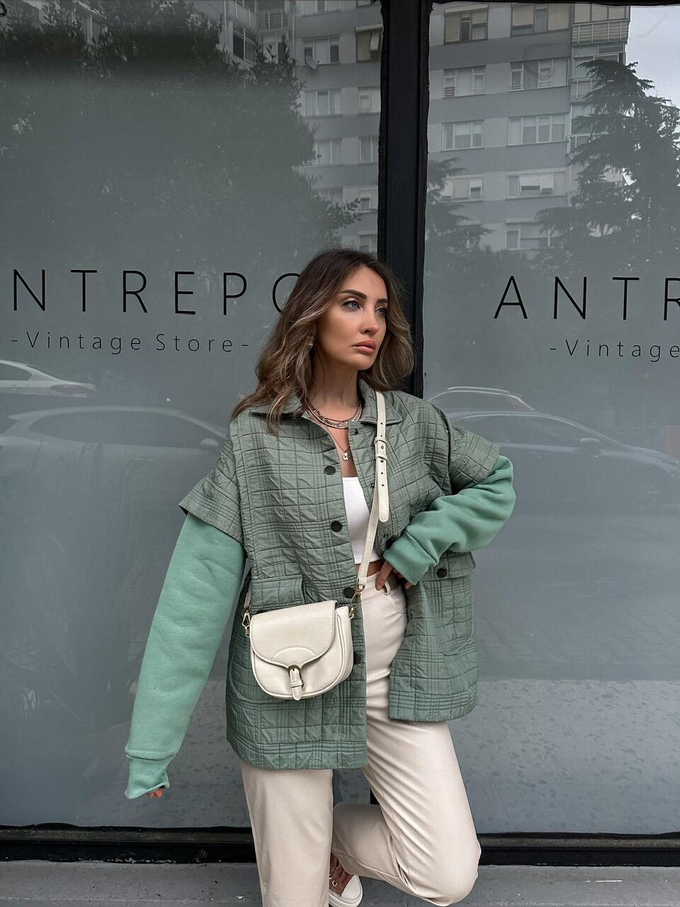 Mint Yeşili Sweat Detaylı Çıtçıtlı Ceket