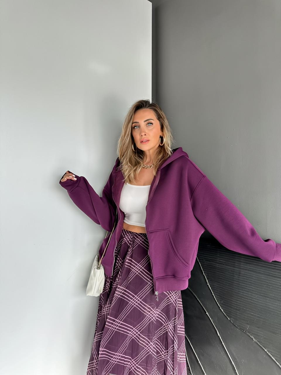 Mor Fermuarlı Şardonlu Sweatshirt