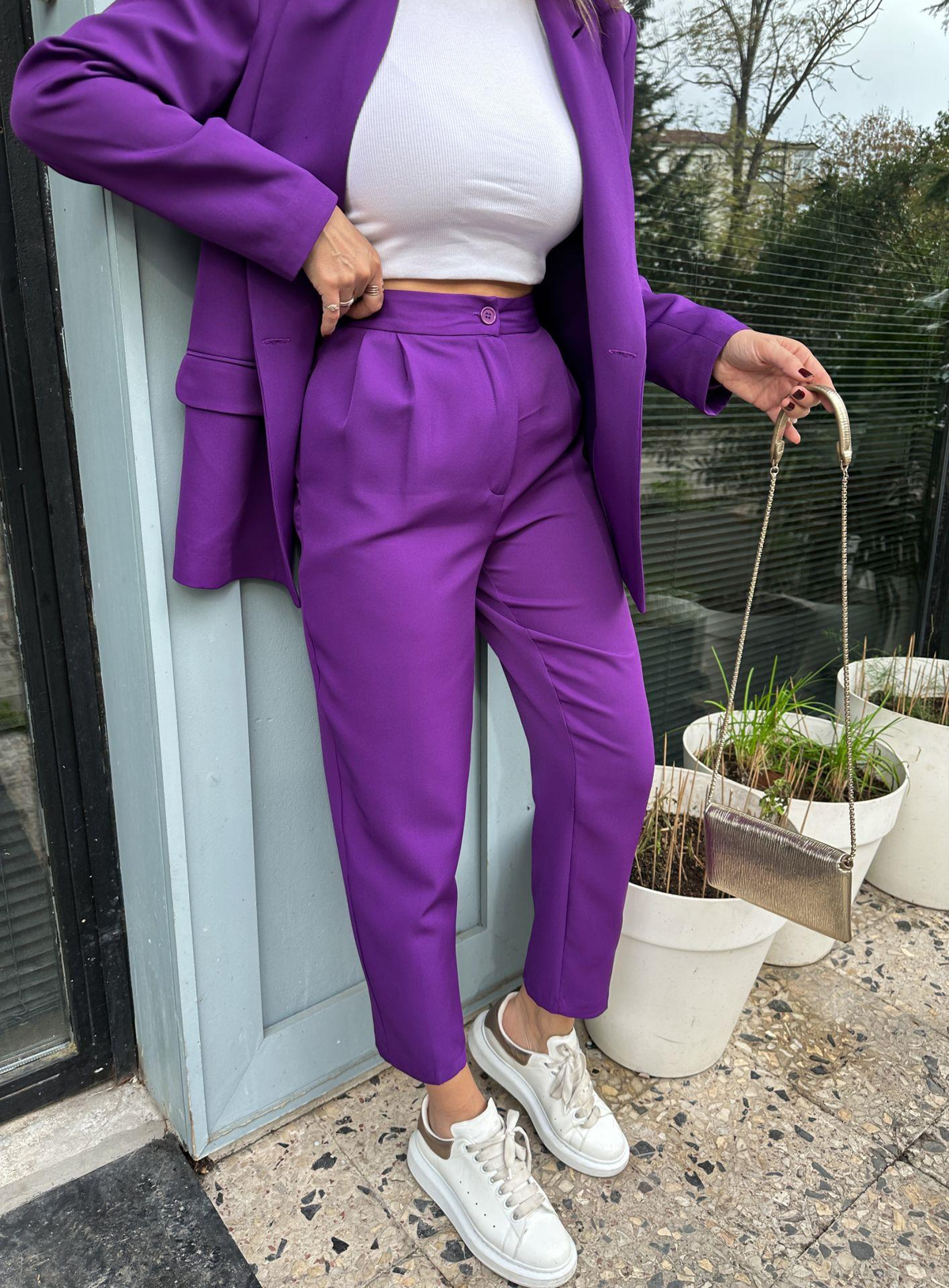 Mor Oversize İki Düğmeli Takım