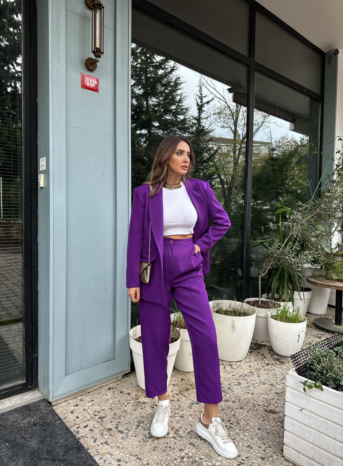 Mor Oversize İki Düğmeli Takım