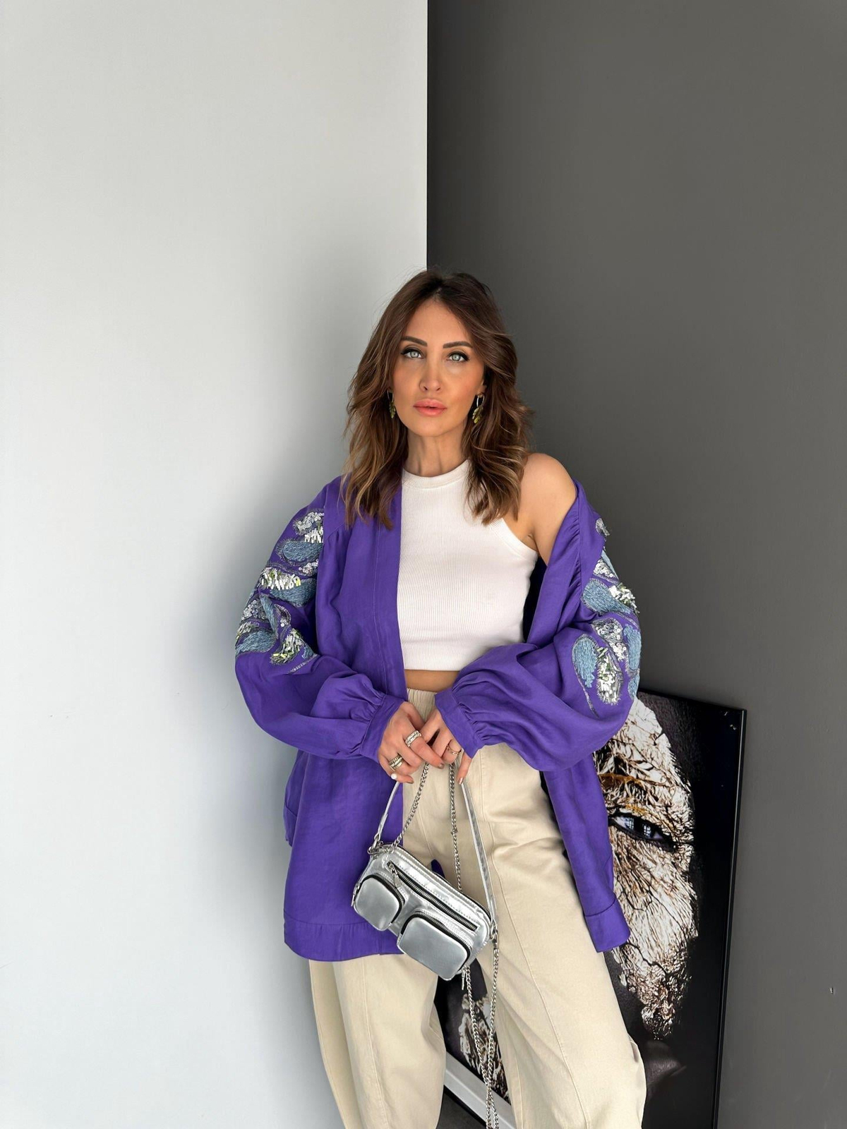 Mor Pul ve Nakış İşlemeli Kimono