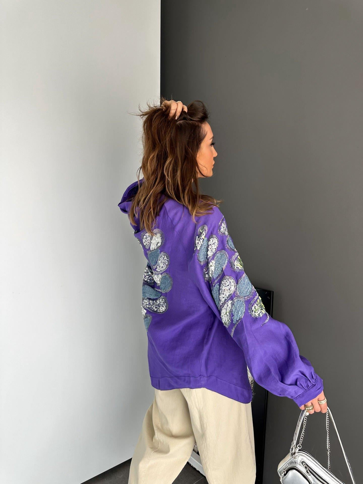 Mor Pul ve Nakış İşlemeli Kimono