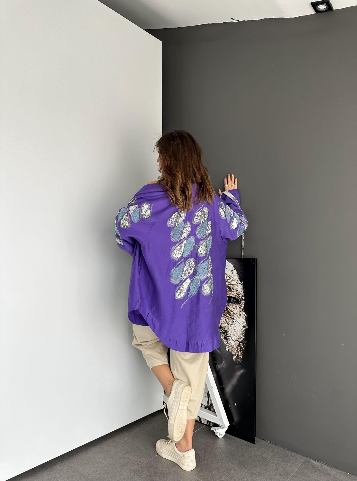 Mor Pul ve Nakış İşlemeli Kimono