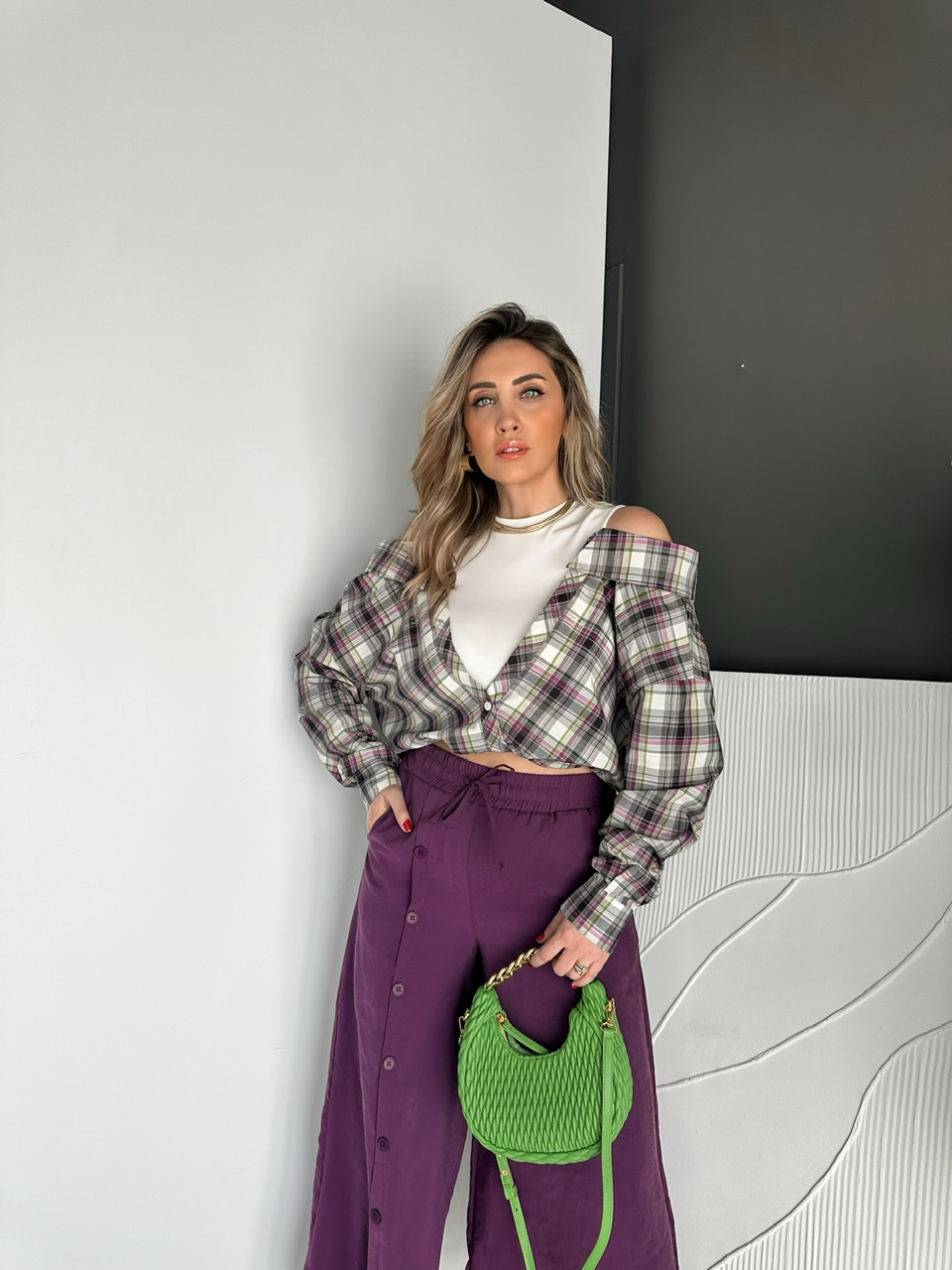Mürdüm Ekose Çift Parça Bluz