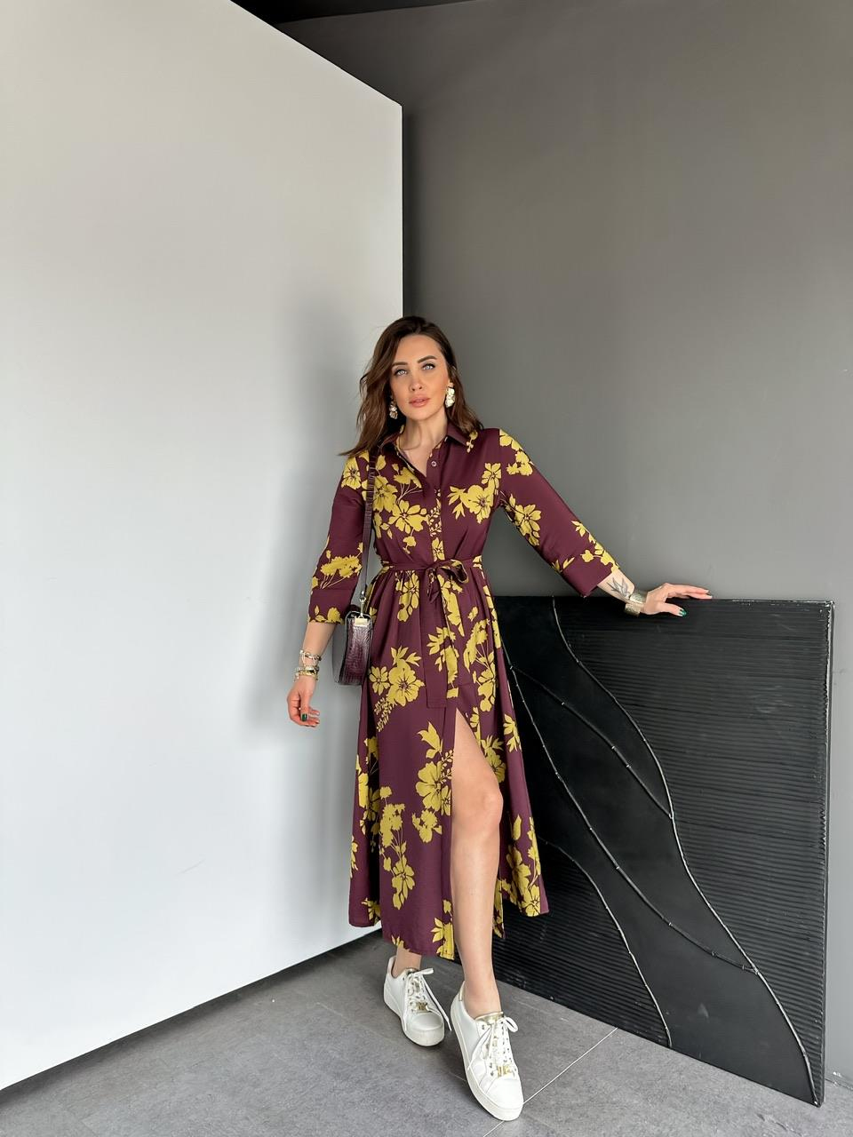 Mürdüm Sarı Çiçekli Orijinal Elbise