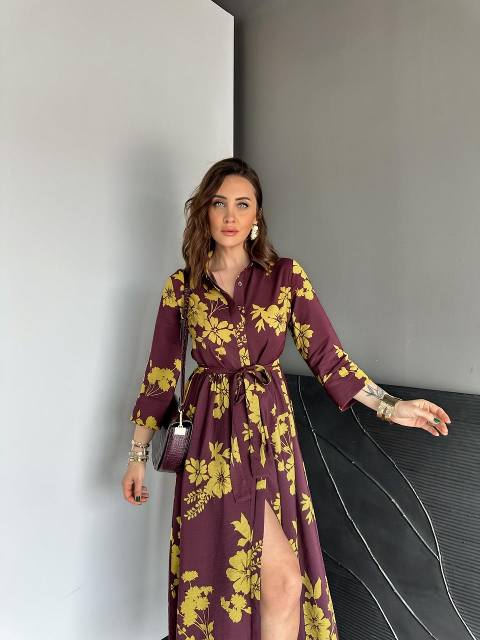 Mürdüm Sarı Çiçekli Orijinal Elbise