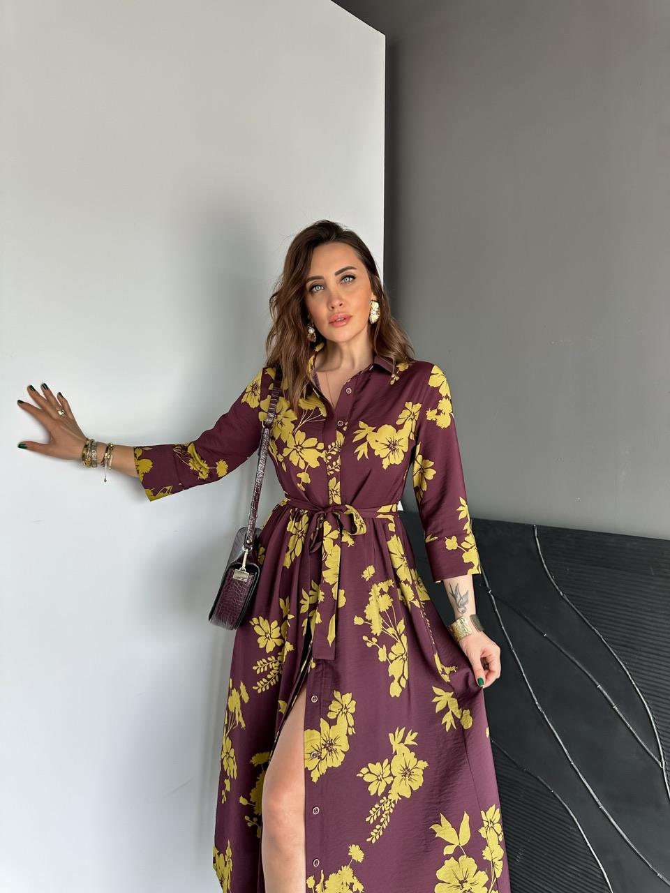 Mürdüm Sarı Çiçekli Orijinal Elbise