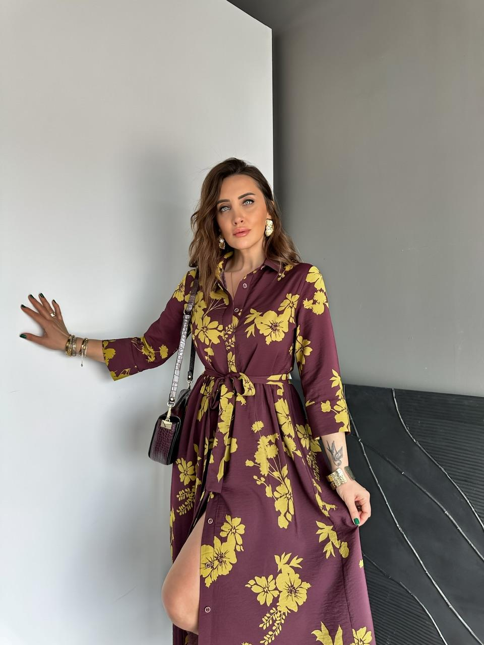 Mürdüm Sarı Çiçekli Orijinal Elbise