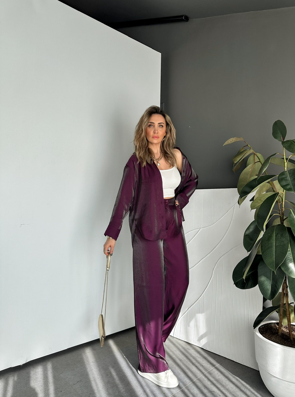 Mürdüm Saten Gömlekli Bol Pantolon Takım