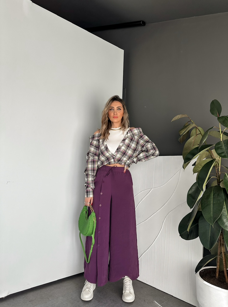 Mürdüm Tek Taraf Düğmeli Bol Pantolon