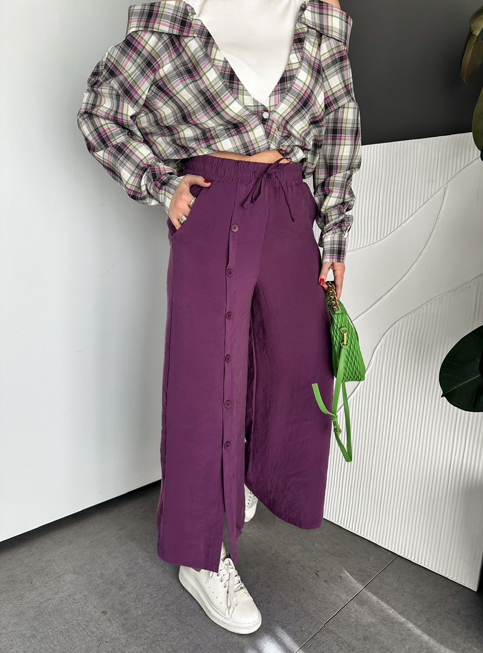 Mürdüm Tek Taraf Düğmeli Bol Pantolon