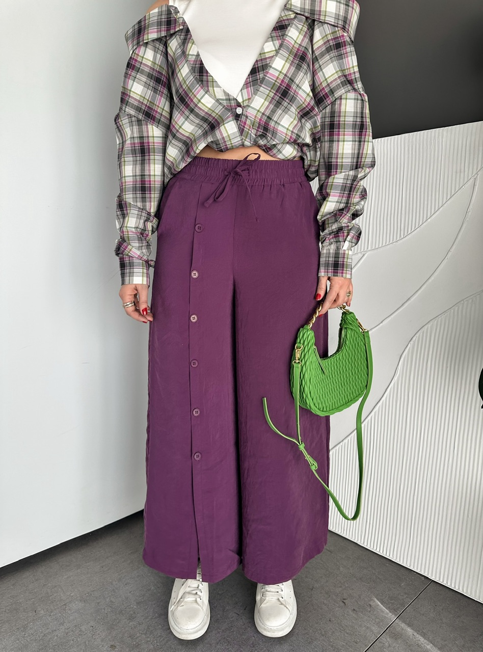 Mürdüm Tek Taraf Düğmeli Bol Pantolon