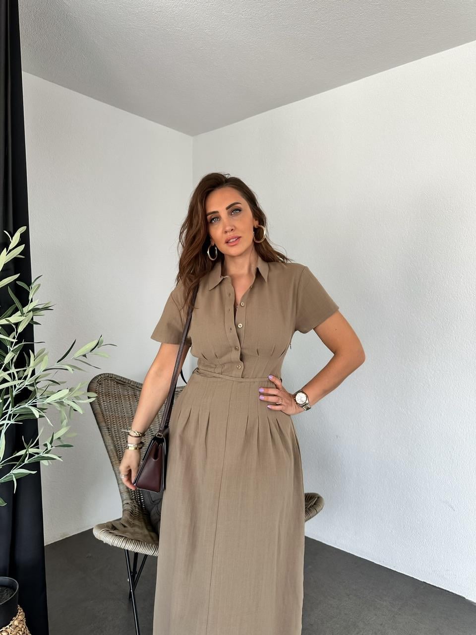 Naturel Kahve İpli Pensli Keten Elbise