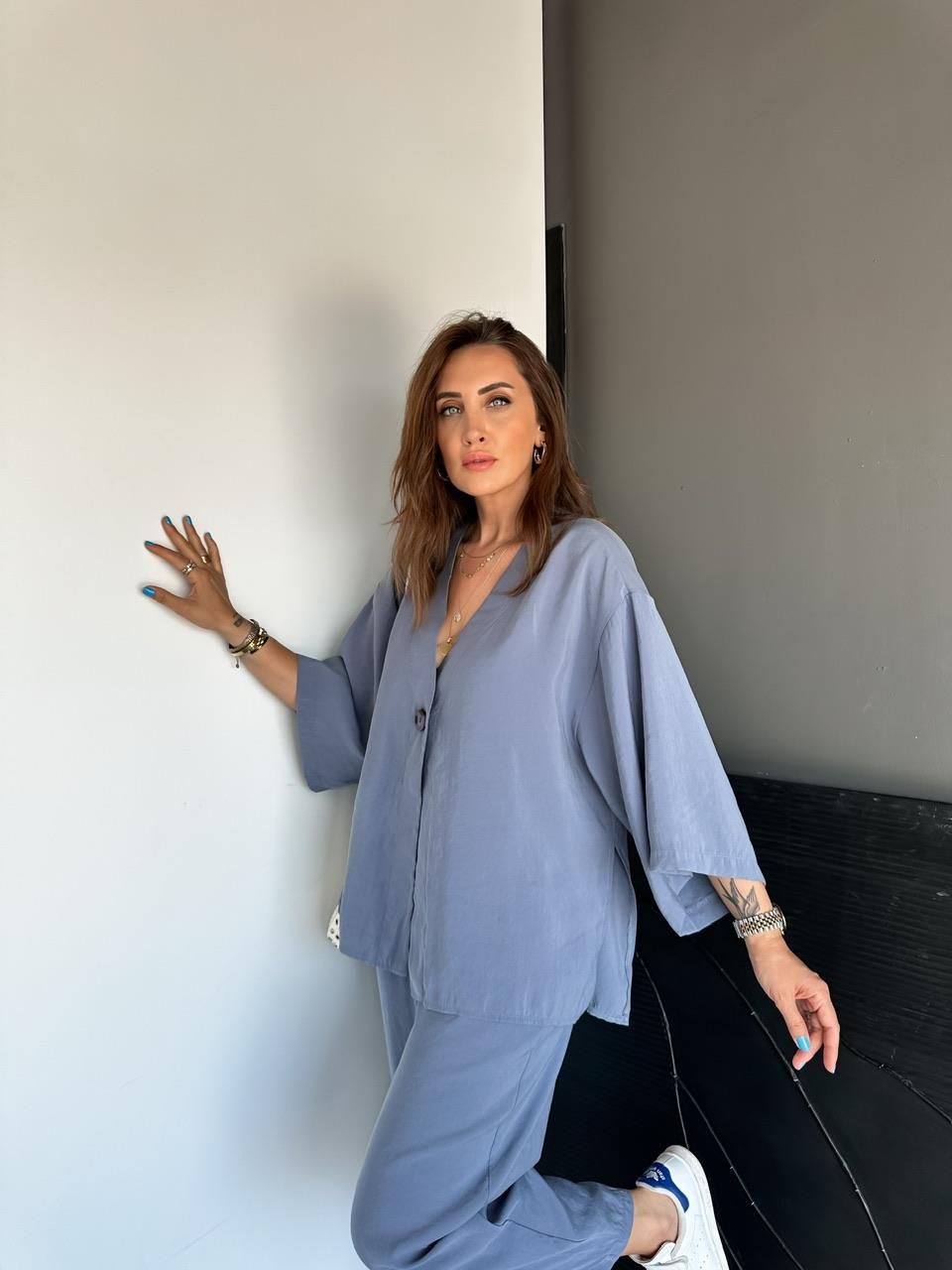 Naturel Mavi Tek Düğmeli Fakir Kol Modal Takım