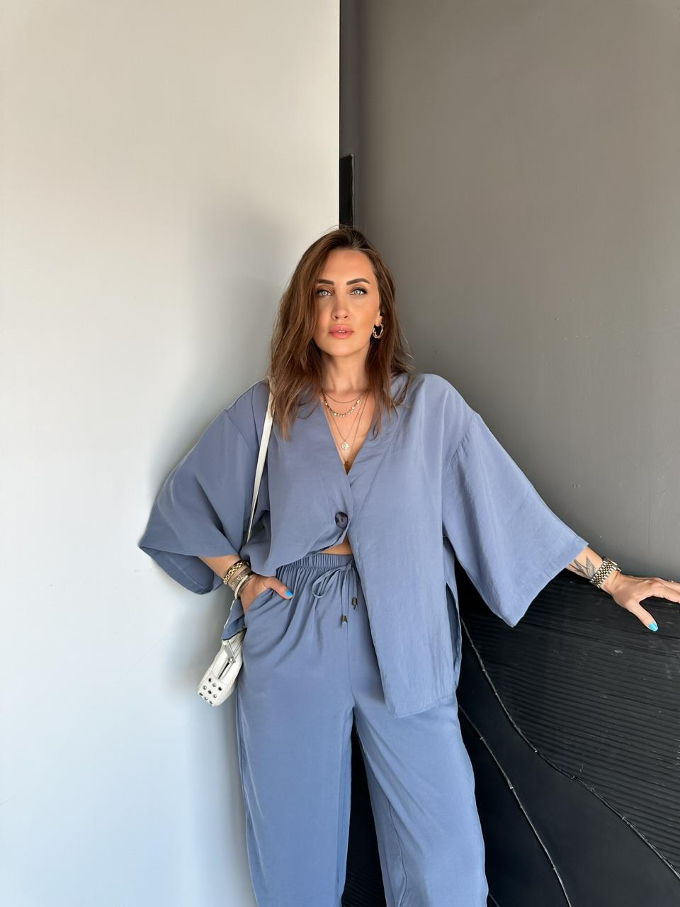 Naturel Mavi Tek Düğmeli Fakir Kol Modal Takım