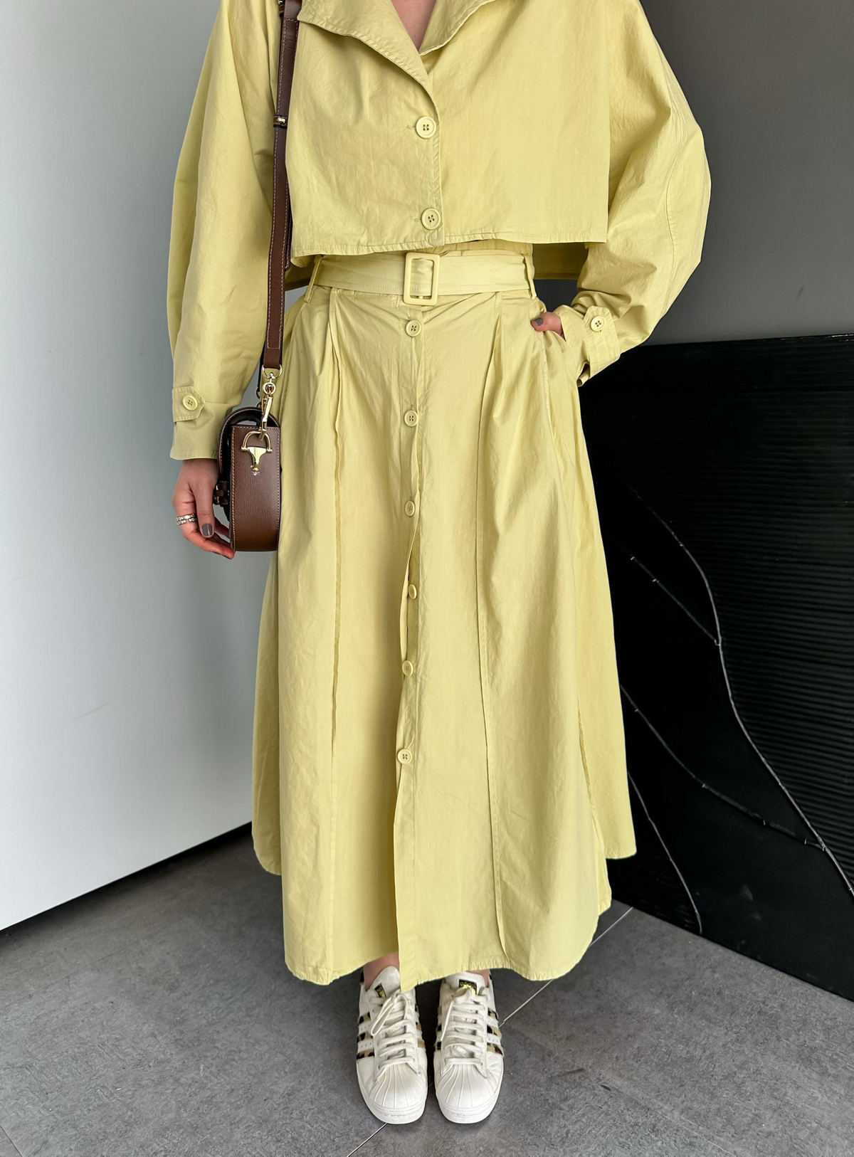 Naturel Sarı Önden Düğmeli Kloş Etek