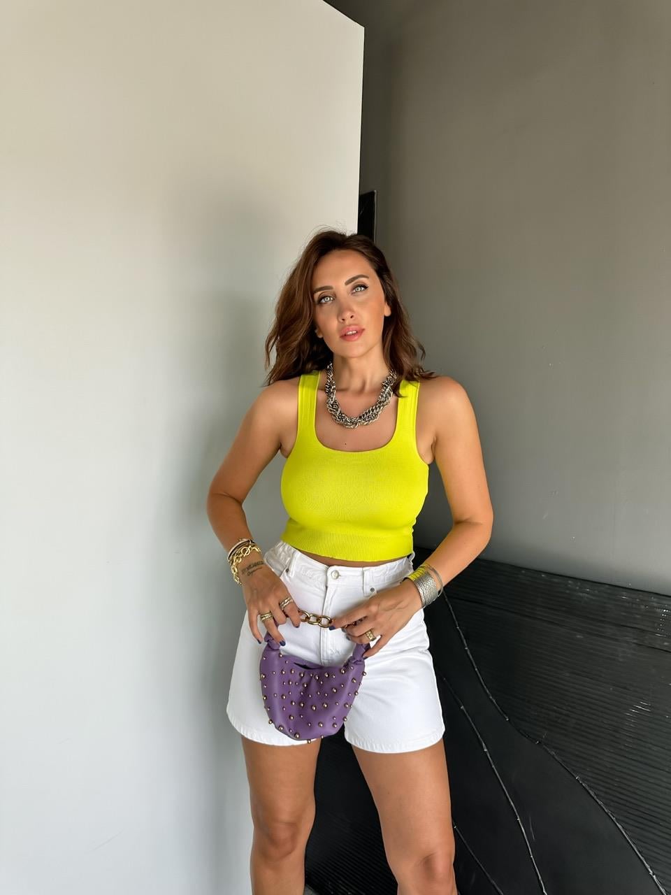 Neon Yeşil Triko Halter Crop