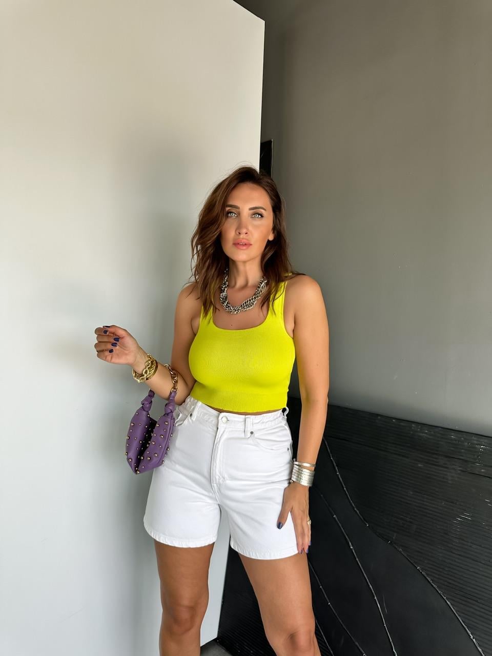 Neon Yeşil Triko Halter Crop