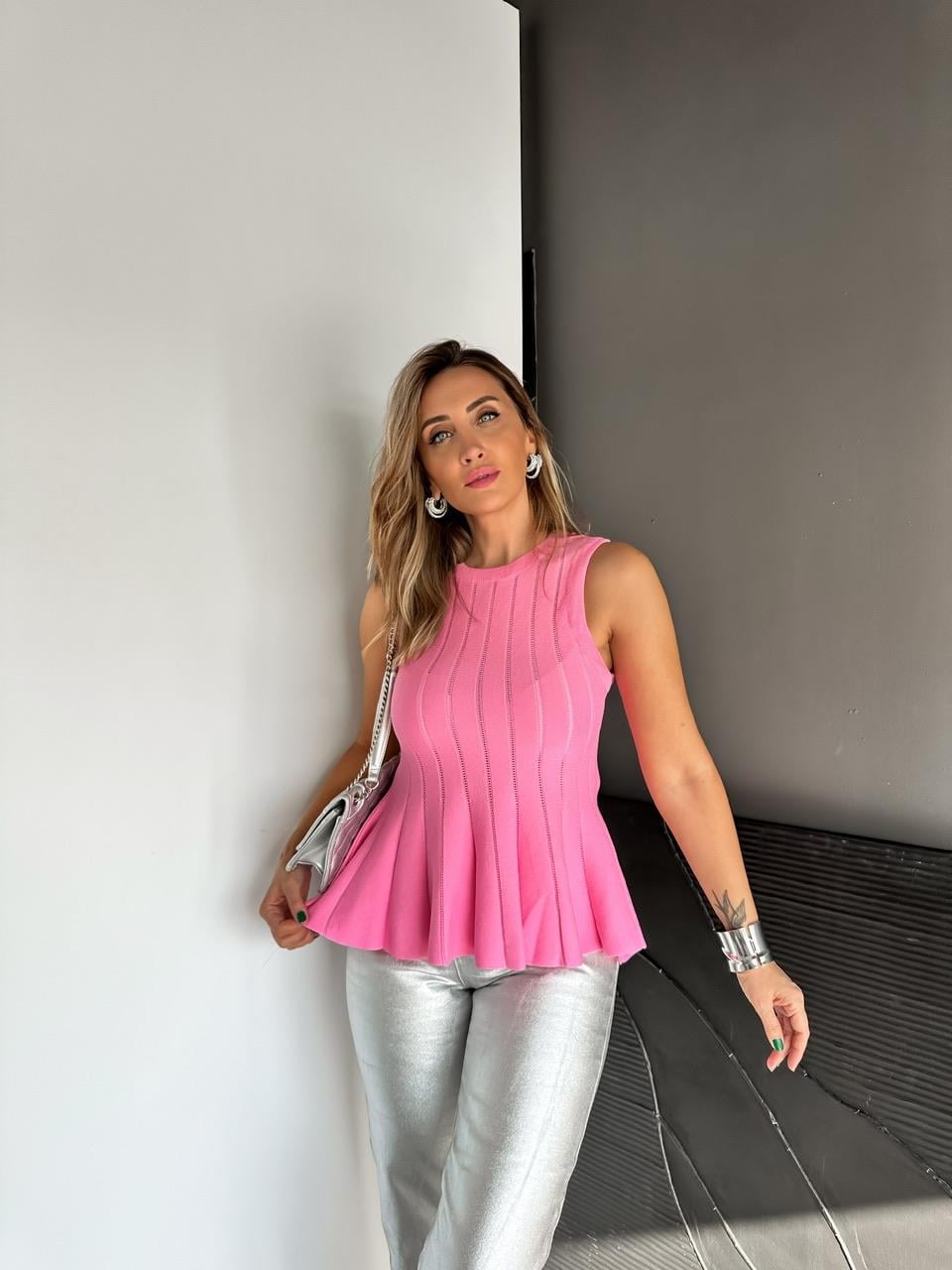 Pembe Belden Oturtmalı Volanlı Bluz