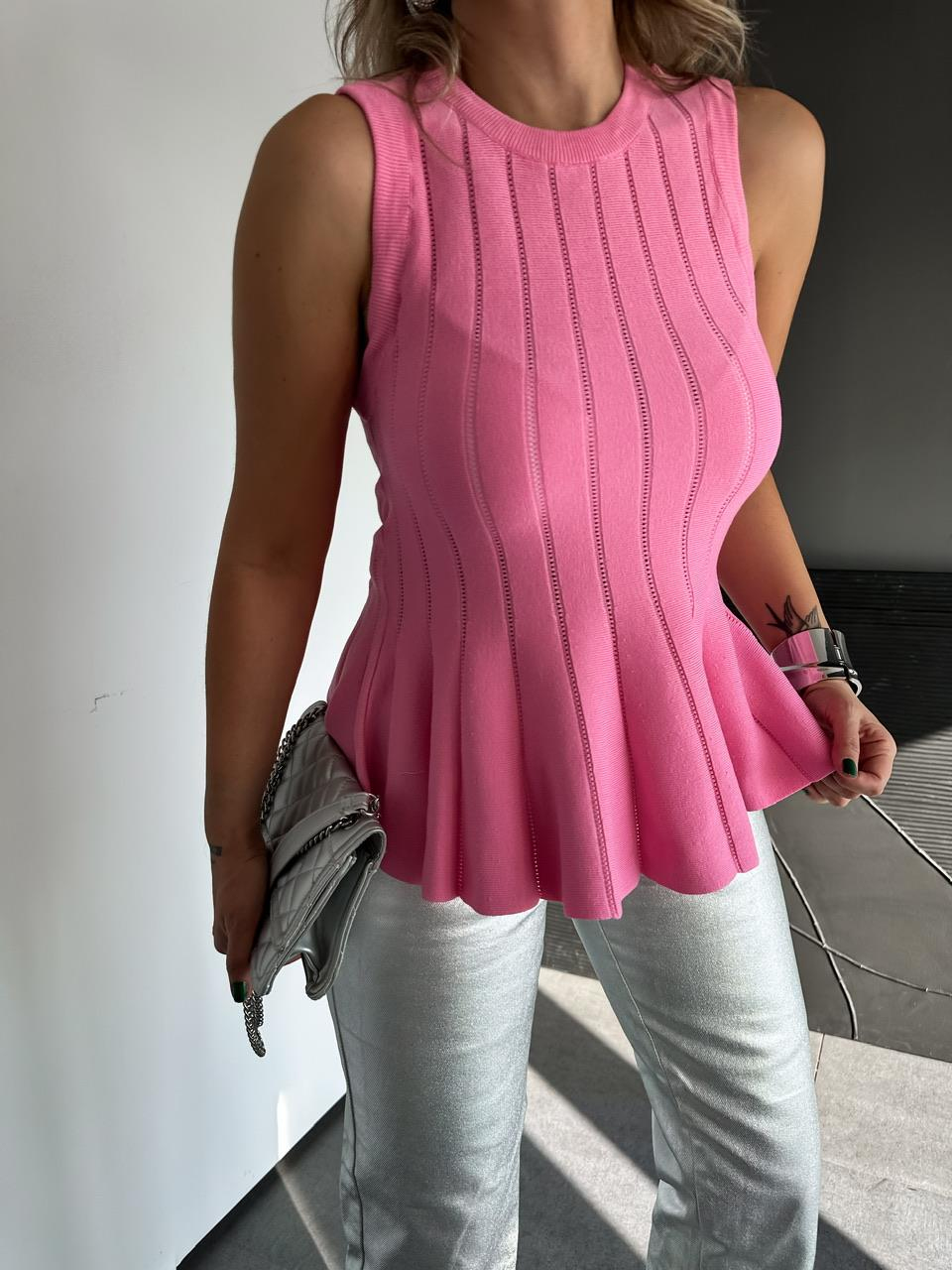 Pembe Belden Oturtmalı Volanlı Bluz
