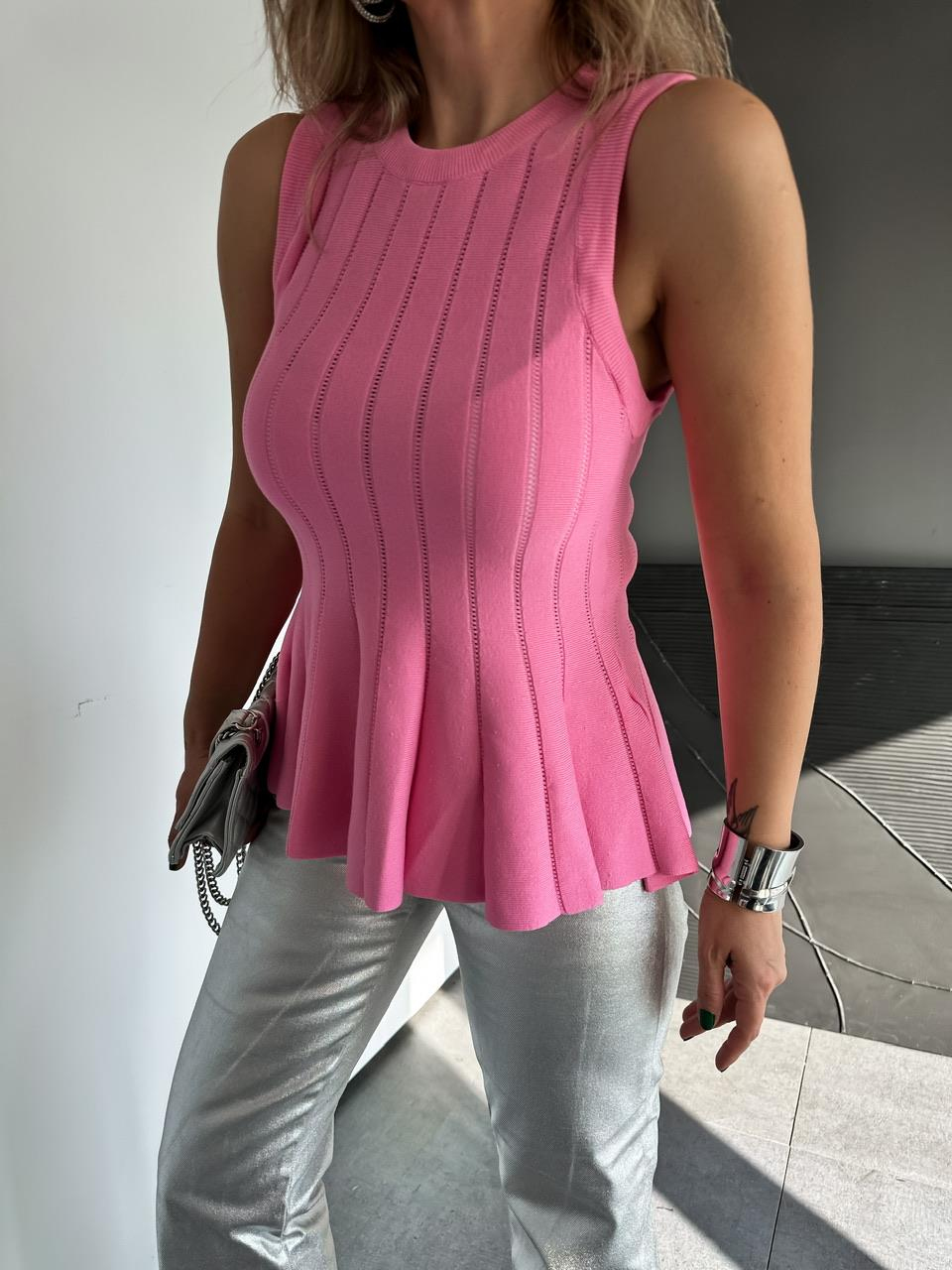 Pembe Belden Oturtmalı Volanlı Bluz