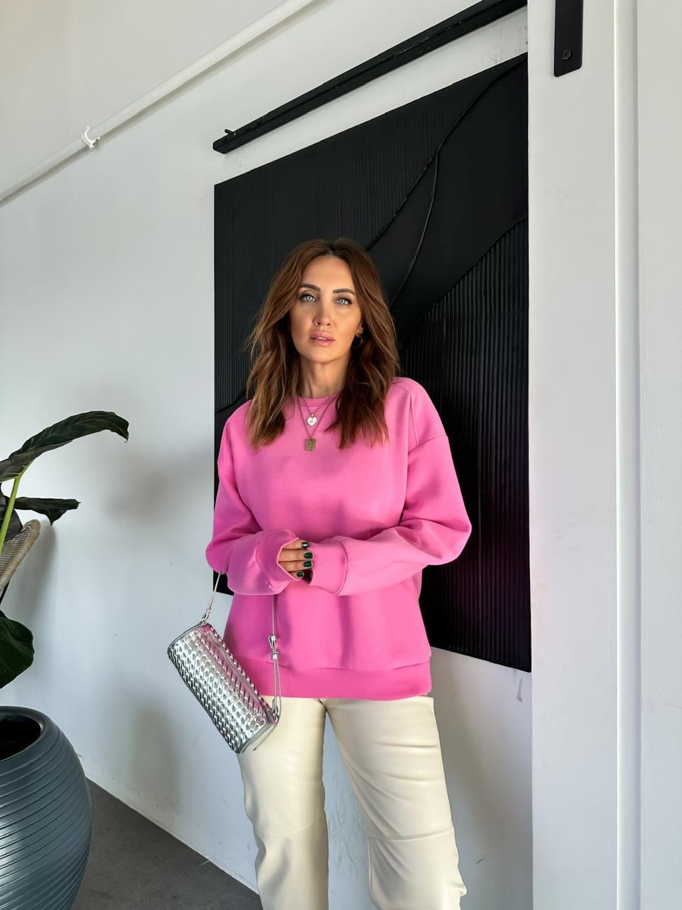 Pembe Bisiklet Yaka Cotton Sweatshirt