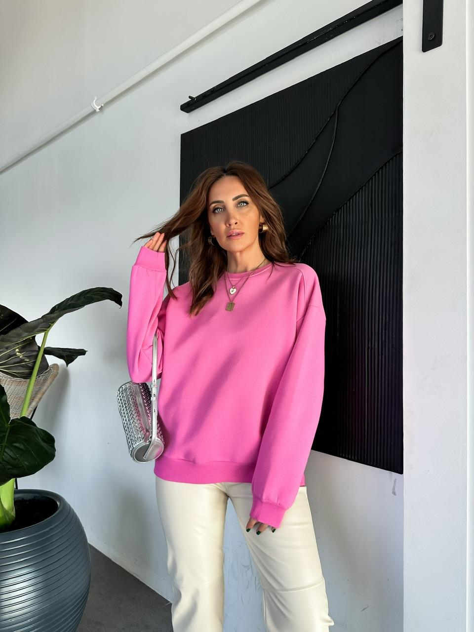 Pembe Bisiklet Yaka Cotton Sweatshirt