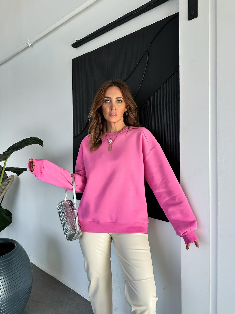 Pembe Bisiklet Yaka Cotton Sweatshirt