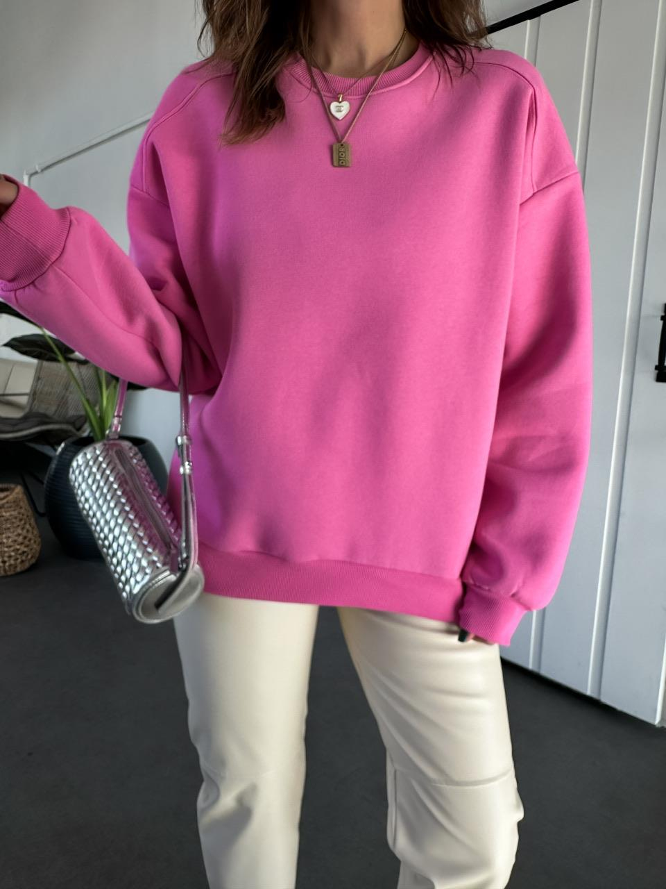 Pembe Bisiklet Yaka Cotton Sweatshirt