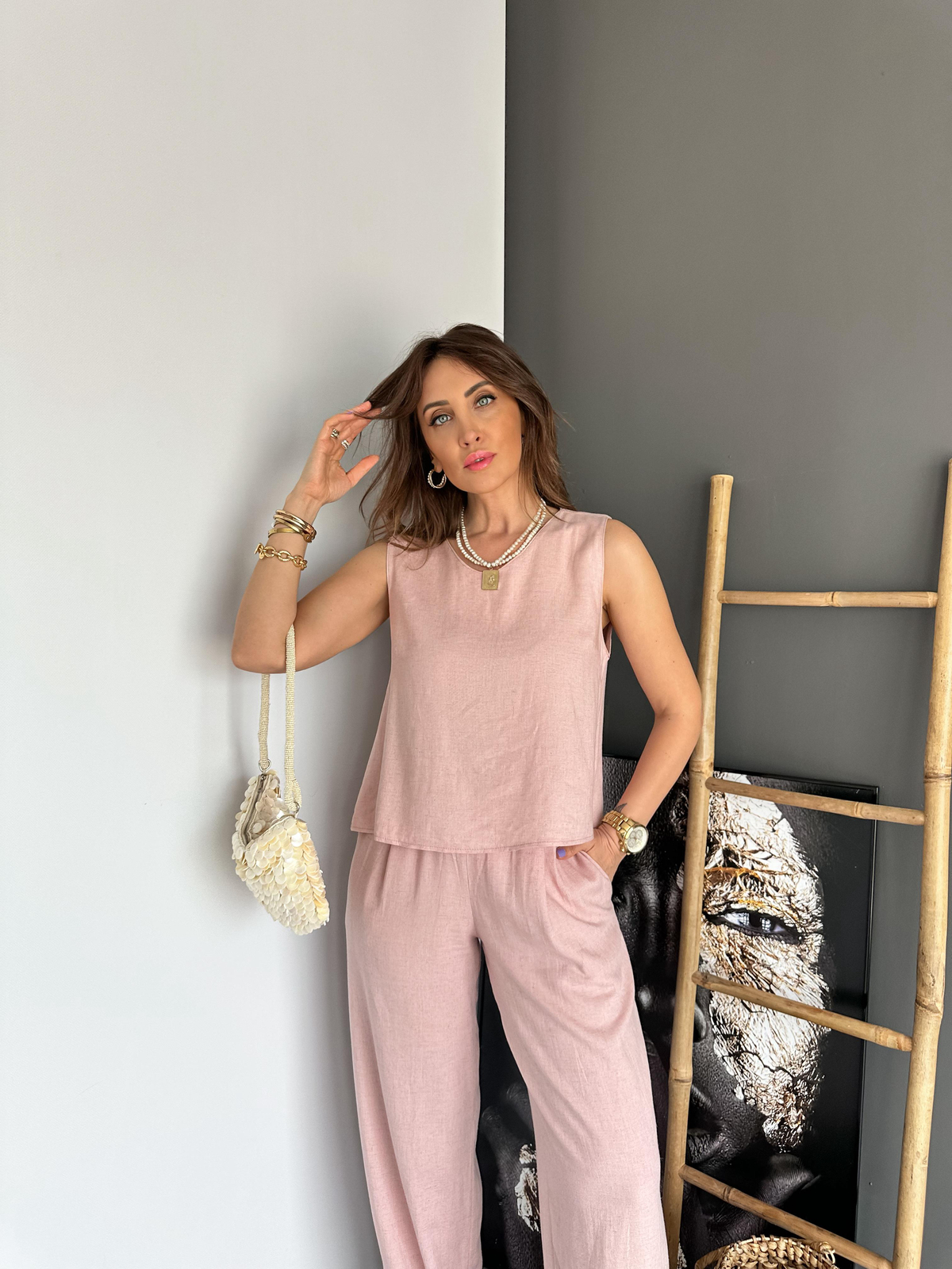 Pembe Bluz Pantolon Keten Takım
