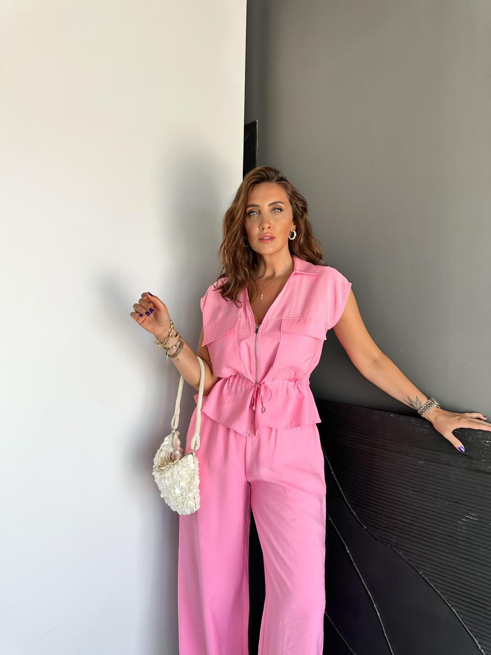 Pembe Büzülebilir Yelekli Takım