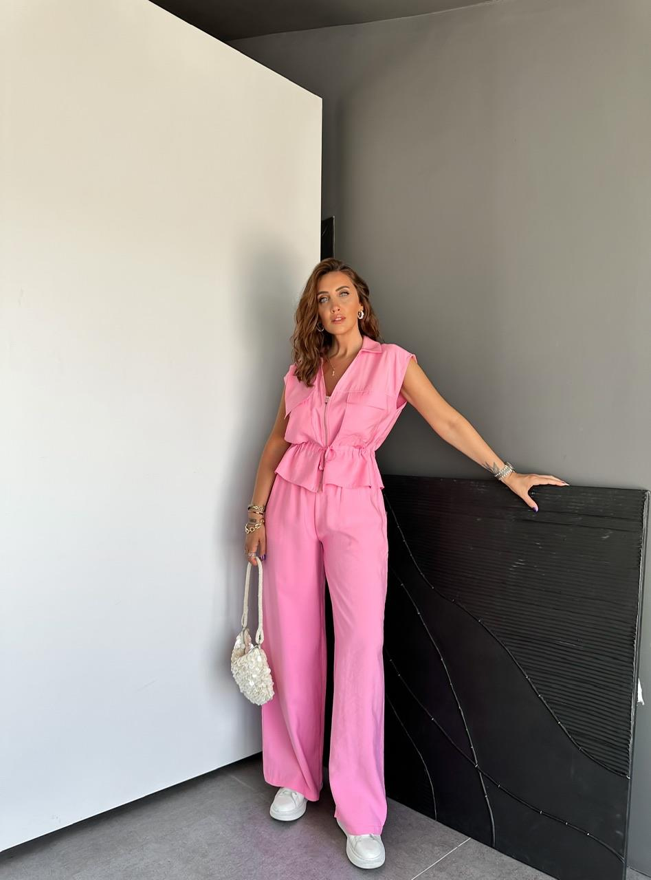 Pembe Büzülebilir Yelekli Takım