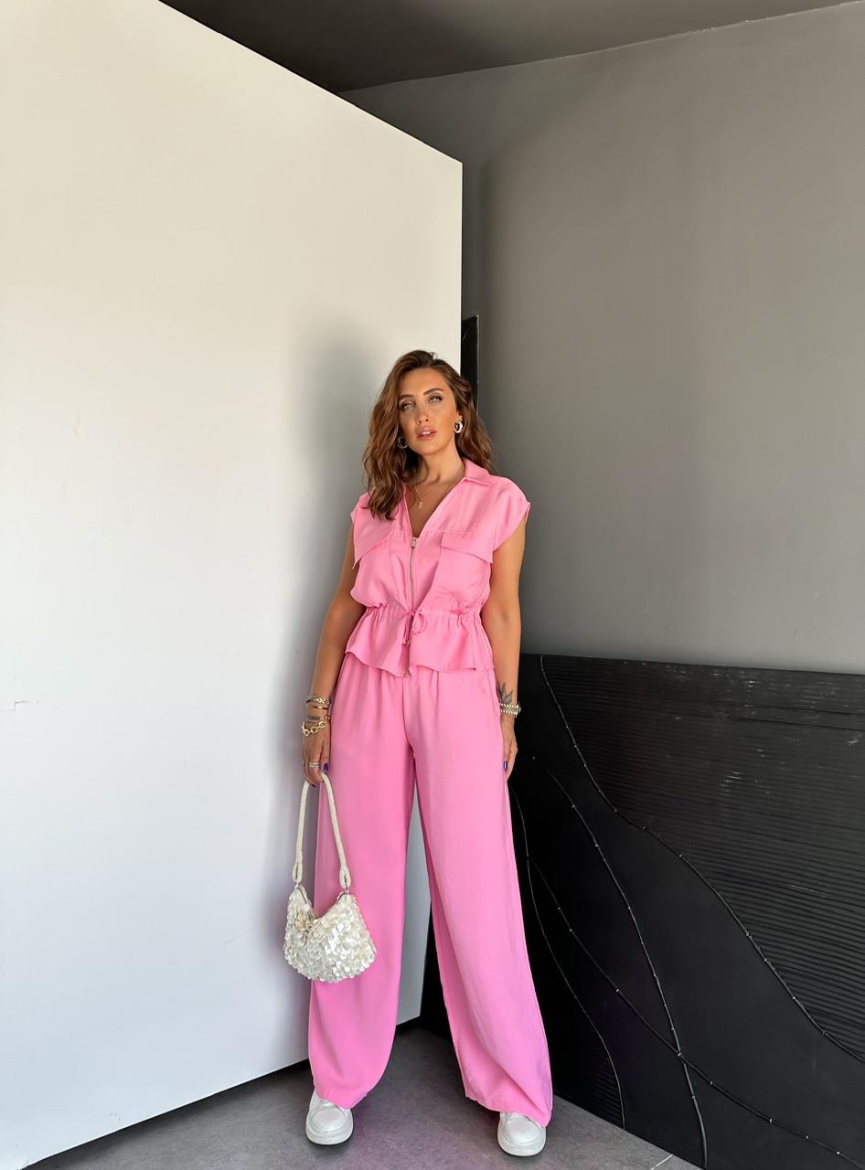 Pembe Büzülebilir Yelekli Takım