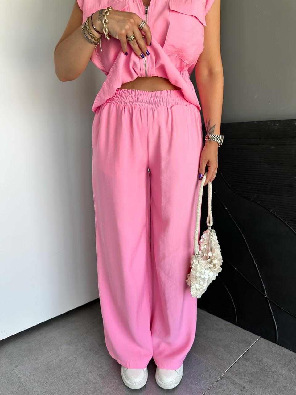 Pembe Büzülebilir Yelekli Takım