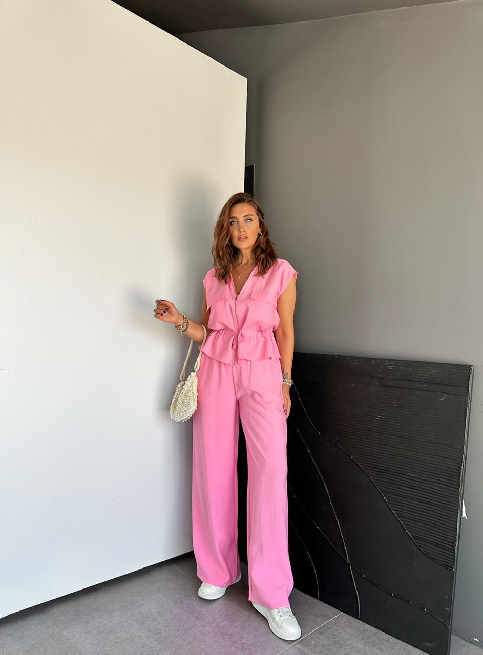 Pembe Büzülebilir Yelekli Takım