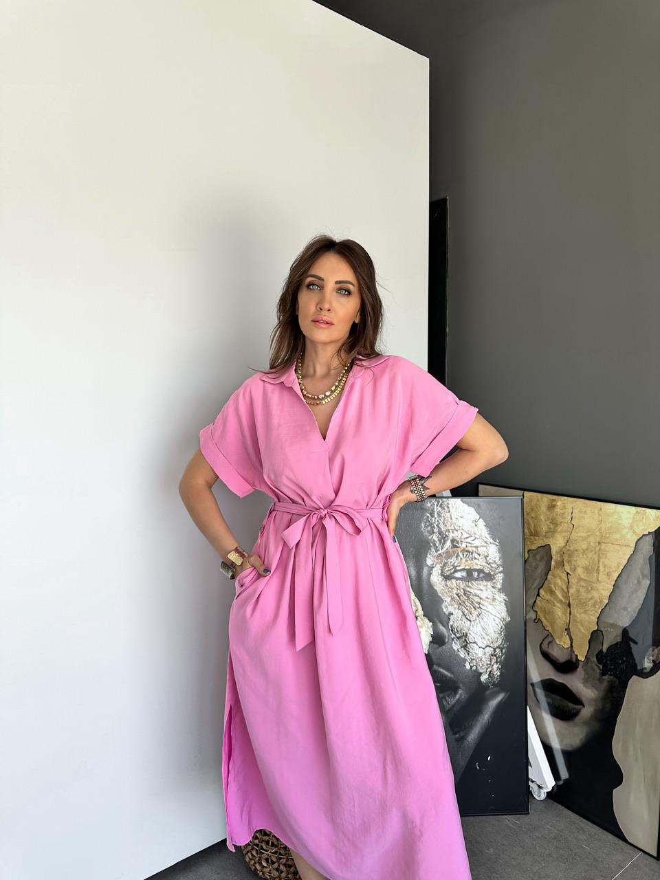 Pembe Cepli Düğmeli Modal Elbise