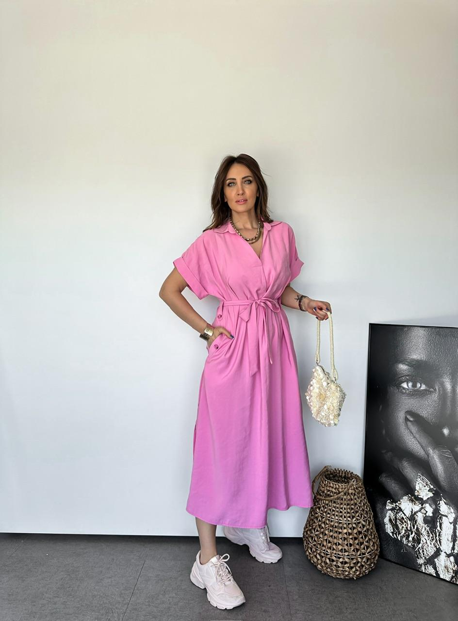 Pembe Cepli Düğmeli Modal Elbise