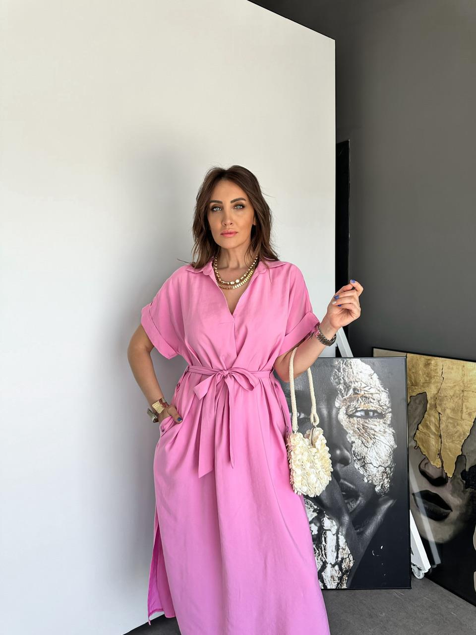 Pembe Cepli Düğmeli Modal Elbise
