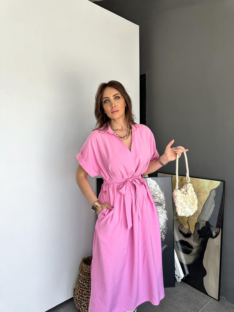 Pembe Cepli Düğmeli Modal Elbise
