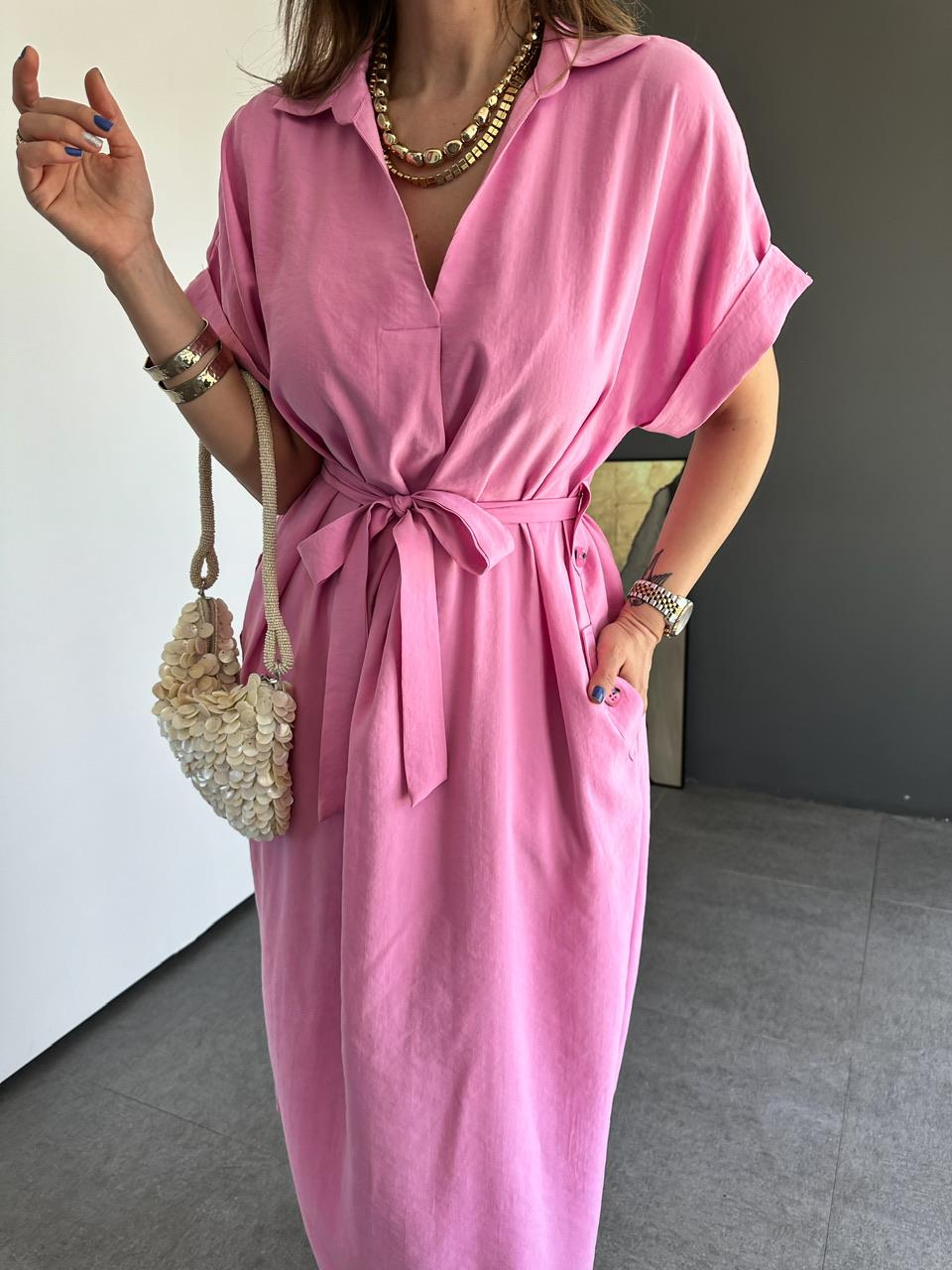 Pembe Cepli Düğmeli Modal Elbise