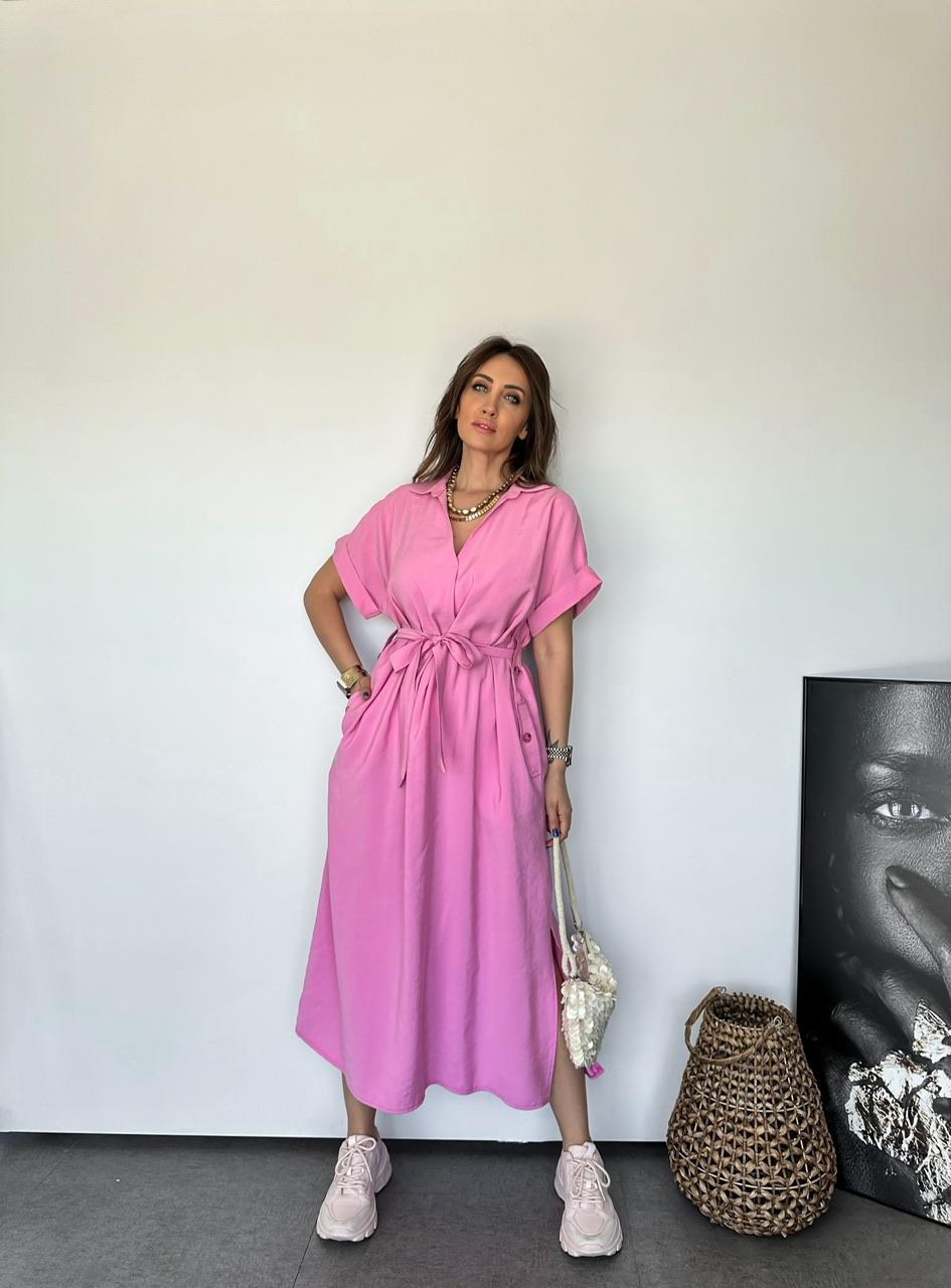 Pembe Cepli Düğmeli Modal Elbise
